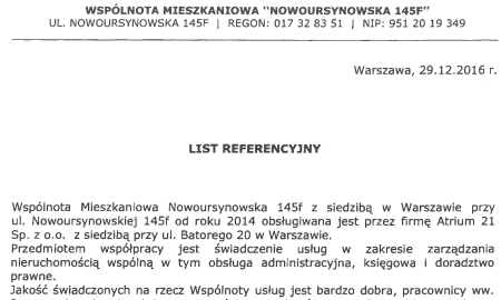 Kolejny list referencyjny zarządu WM Nowoursynowska 145F dla Atrium 21