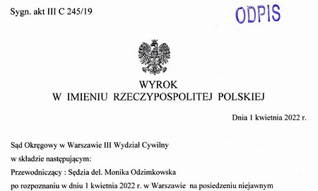 Wyrok Sądu Okręgowego w Warszawie  1.04.2022 r., sygn. III C 245/19