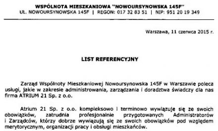 List referencyjny zarządu wspólnoty Nowoursynowska 145F dla Atrium 21